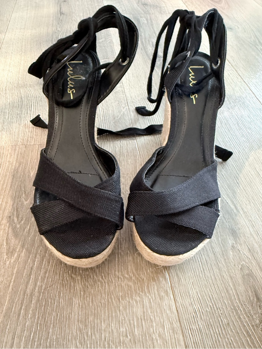 Lulu's Black Canvas Espadrille Wedge Sandals with Ankle Wrap